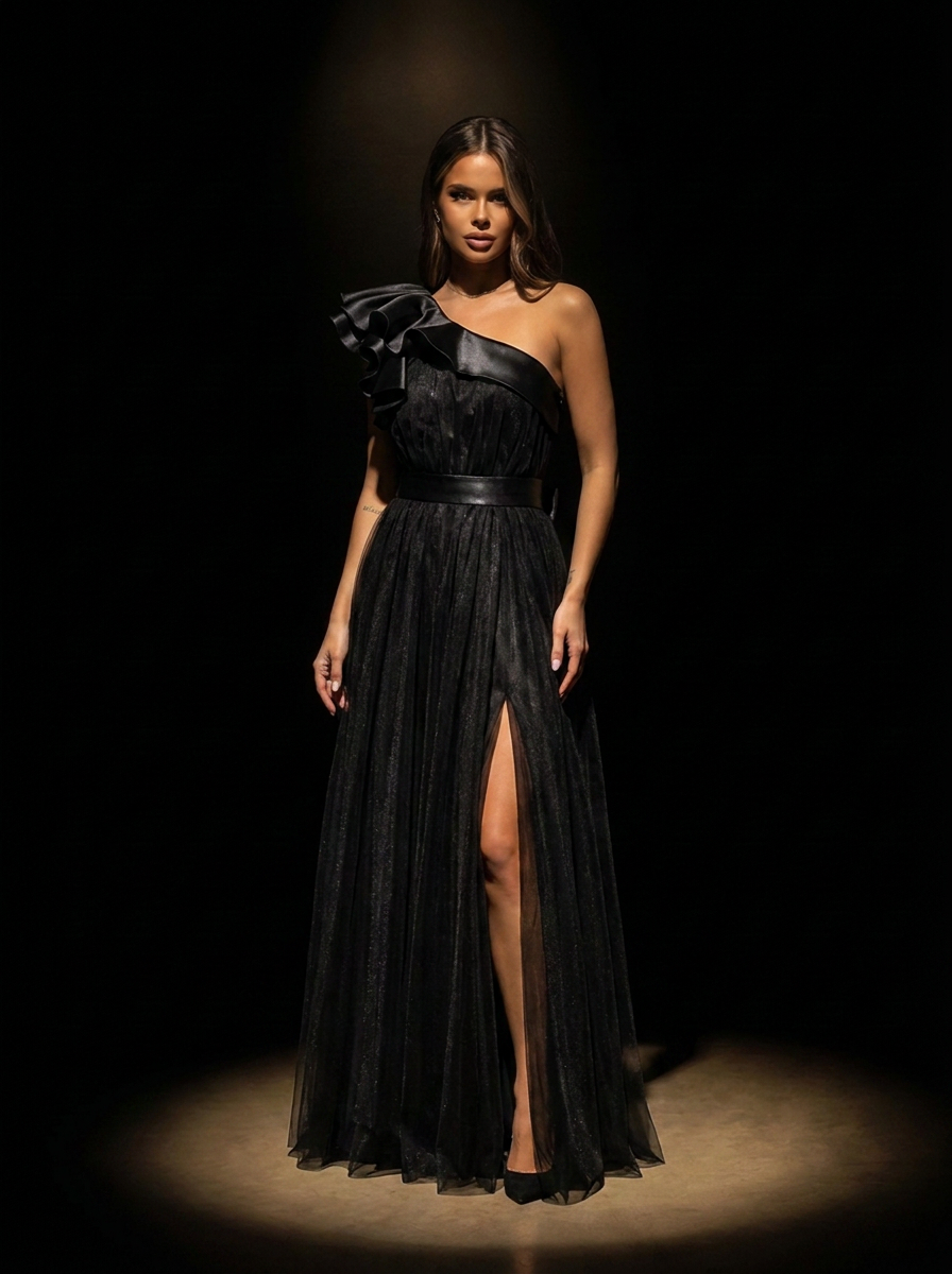 Campaign still. A black one-shoulder gown with a sculptural shoulder ruffle and a shimmering tulle skirt, lit by a single followspot.